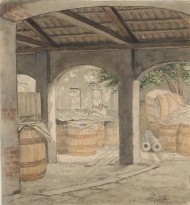 BENDZ Wilhelm Ferdinand 1804-1832,View from a court yard with barrels,Bruun Rasmussen DK 2023-01-09