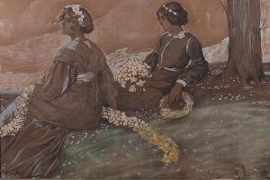 BENGEN Harold Tronson 1879-1962,GIRLS MAKING FLOWER CROWNS IN A MEADOW,Potomack US 2021-11-22