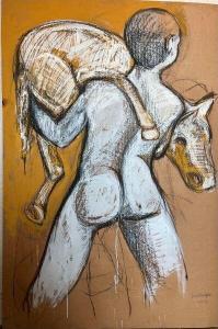 BENNASSAR Joan 1950,Nu masculin tenant dans ses bras un poulain,1984,Morand FR 2024-01-11