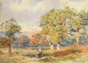 BENNETT William B,A man on the edge of a wood using a wood stump to ,John Nicholson 2023-12-20