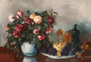 Bentine Debois Ingeborg 1897-1970,Still life with grapes, a bottle and a bouquet of,Bruun Rasmussen 2019-05-27