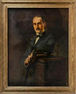 BENZIGER August 1867-1955,Portrait of a gentleman leaning against a book on ,Eldred's US 2021-03-04