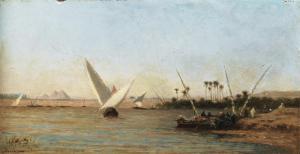 BERCHERE Narcisse 1819-1891,FELUCCA ON THE NILE WITH THE PYRAMIDS IN THE BACKG,Sotheby's 2012-10-09