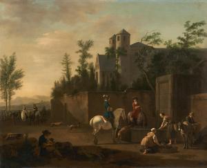 BERCKHEYDE Gerrit Adriaensz,Gentlemen watering their horses and washerwomen at,Christie's 2023-01-25