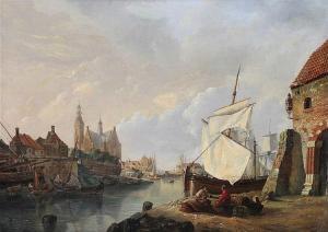 BERETTA Petrus Augustus,Animated Dutch city view with fishermen at work,1863,Bernaerts 2016-12-13