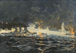 BERGEN Claus 1885-1964,SMS Nassau shooting at the HMS Spitfire in the Bat,Stahl DE 2023-06-23