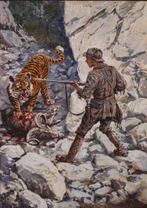 BERGEN Fritz 1857-1941,Jäger im Kampf gegen einen Tiger um einen erlegten,1877,Mehlis DE 2020-11-17