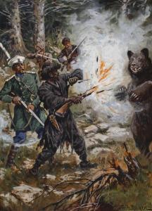 BERGEN Fritz 1857-1941,Vier Jäger im Kampf mit einem Bären im Wald, wohl ,1877,Mehlis DE 2020-11-17