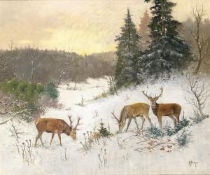 BERGER Georg 1917,Deer Grazing in a Winter Wood,Palais Dorotheum AT 2014-09-18
