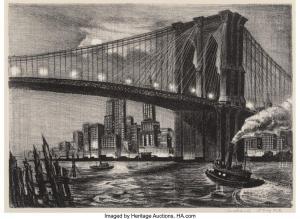 BERGERE Richard 1912,Twilight Over Brooklyn Bridge,1946,Heritage US 2022-12-15