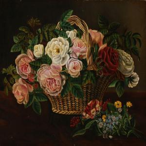 BERGMANN Amalie,A basket of roses and a small bouquet of wildflowe,1859,Bruun Rasmussen 2016-08-15