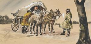 BERINGER 1800-1900,A family with three horses pulling a covered wagon,1912,Chait US 2016-11-20
