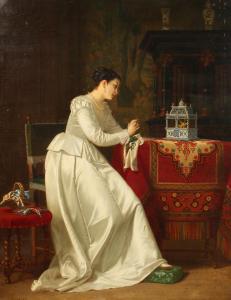 BERLIN J,An elegant lady in a lavish interior gazing at a caged bird,John Nicholson GB 2021-08-11
