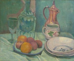 BERNARD Emile,Nature morte (carafe, verre, fruits, assiettes, ta,1888,Christie's 2024-04-10