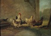 BERNARD R,Hahn mit seinem Hühnern vor einem Stallgebäude,DAWO Auktionen DE 2012-09-05