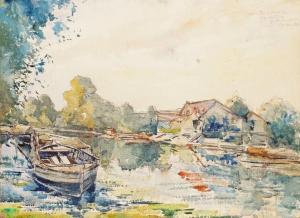 BERNARDEAU Henri 1867-1946,PAYSAGE DE RIVIÈRE À LA BARQUE,1933,Pillon FR 2015-01-18