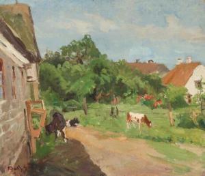 BERNHARD FREDERIKSEN Aage 1883-1963,Summer landscape with cows and houses,Bruun Rasmussen 2018-04-09
