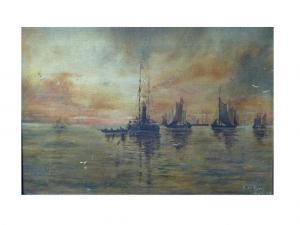 BERRY J,A steam ship and sailing vessels at sea at sunset,1894,Chilcotts GB 2011-12-10