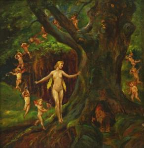BERTHOLD Hans James 1884,Elfe mit Putten bei einem Zwerg im Wald,Zeller DE 2014-09-18