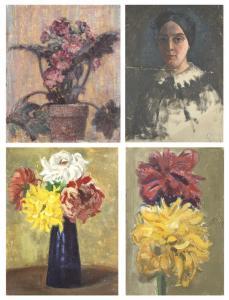 BERTHOUD Blanche 1864-1938,les dahlias rouge et jaune,Dogny Auction CH 2016-06-14