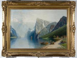 BERTOLD C 1870,Fjordlandschaft mit Booten und Figurenstaffage,Schlueter DE 2007-07-06