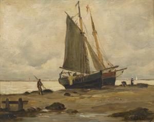 BERTON Jan 1800-1900,Küstenlandschaft mit Segelbooten und Fischer,Dobiaschofsky CH 2010-11-10