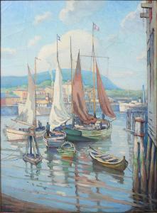 BERTRAND MITCHELL GEORGE,River Wharf Scene with Fishing Vessels and Large C,Burchard 2021-11-14