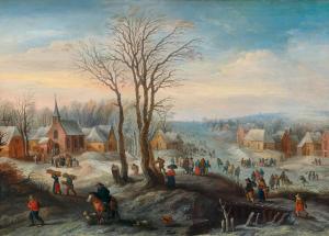 BESCHEY Karel, Charles 1706-1776,A winter landscape with numerous figures in a vil,Palais Dorotheum 2022-11-09