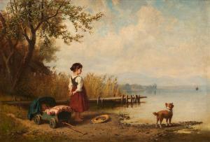 BETHKE Hermann 1825-1895,Jeune fille et son chien regardant le lac, sa poup,Horta BE 2021-12-06