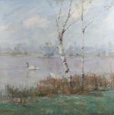 bety r. j 1916,Tranquil lakeside scene with swans and silverbirch,Bonhams GB 2010-02-08