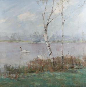 bety r. j 1916,Tranquil lakeside scene with swans and silverbirch,Bonhams GB 2010-02-08