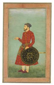 BICHITR,A portrait of Khan Zaman with shield and sword,c.1630,Sotheby's GB 2015-10-06