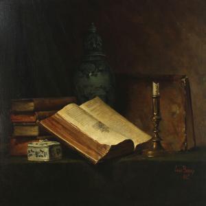 BIGAUX Louis Felix 1850,Still life with book and candlestick,1882,Bruun Rasmussen DK 2013-04-01