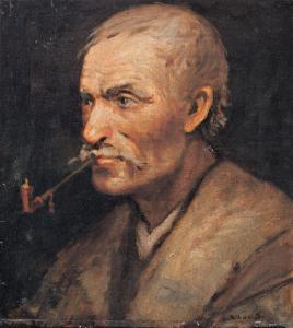 BIHARI Sándor 1947-2013,Peasant smoking a pipe,Nagyhazi galeria HU 2016-12-13