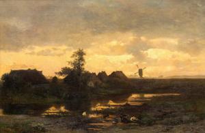 BILDERS Albertus Gerardus,Sitting ducks by a pool near farmhouses at sunset,Venduehuis 2023-11-16