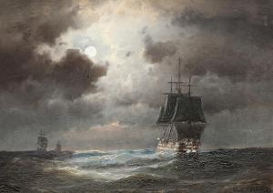 BILLE Carl Ludwig 1815-1898,Seascape with sailing ships in moonlight,1871,Bruun Rasmussen 2025-03-24