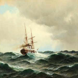 BILLE Carl Ludwig 1815-1898,Seascape with steamer on high seas,Bruun Rasmussen DK 2015-01-05