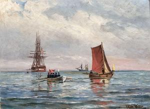 BILLE Vilhelm 1864-1908,Marine mit Großsegler und Matrosen im Ruderboot mi,Zeller DE 2024-04-04
