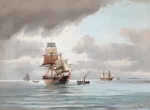 BILLE Vilhelm 1864-1908,Seascape with sailingships and a tugboat,Bruun Rasmussen DK 2023-08-28