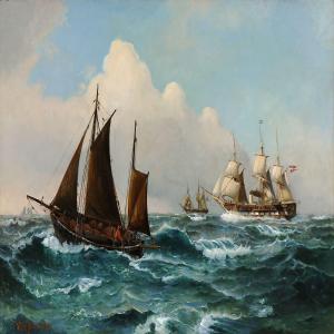 BILLE Vilhelm 1864-1908,Seascape with ships on a windy day,1894,Bruun Rasmussen DK 2014-10-13