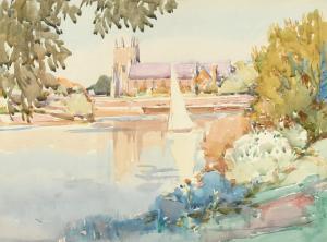 BILLINGHURST Alfred John,'Isleworth', a view of a church from the river,John Nicholson 2023-12-20