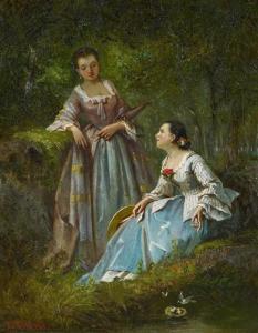 BILLOU Paul L 1821-1868,Two Young Ladies by a Forest Pond,Van Ham DE 2016-05-13