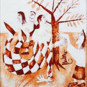 BILSON Harold 1948,Three Harlequins; Harlequin figures, dog and tree,Morphets GB 2022-09-08