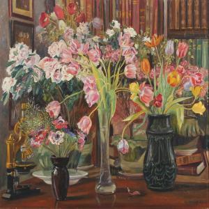 BILVING E.J 1884-1955,Still life with flowers and microscope,1923,Bruun Rasmussen DK 2013-09-09