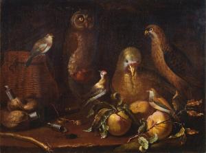 BIMBI Bartolomeo 1648-1725,An owl, parrot, hawk and finches, with fruit and h,Bonhams GB 2017-12-06
