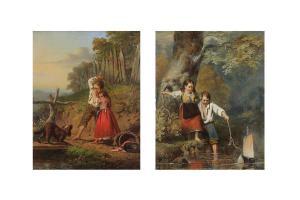 BING Valentin 1812-1895,Twee kindjes spelend met bootje aan de rivier,1851,Bernaerts BE 2010-10-25