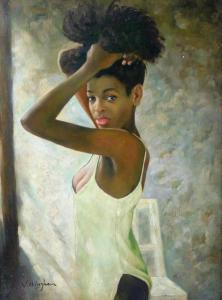 BINGHAM N.Henry 1939,young African-American woman gathers her hair with,Winter Associates 2021-05-24