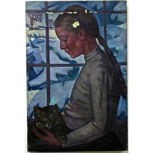 BIRIUKOVA Yulia 1895-1972,PROFILE OF YOUNG GIRL WITH CAT,Waddington's CA 2015-09-14
