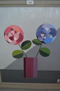 BISCAREL Etienne,geometric style study of two flowers in a vase,Lawrences of Bletchingley 2019-06-11