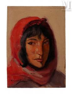 BISMOUTH Maurice 1891-1965,Portrait de jeune femme au voile rouge,1936,Millon & Associés 2023-12-16